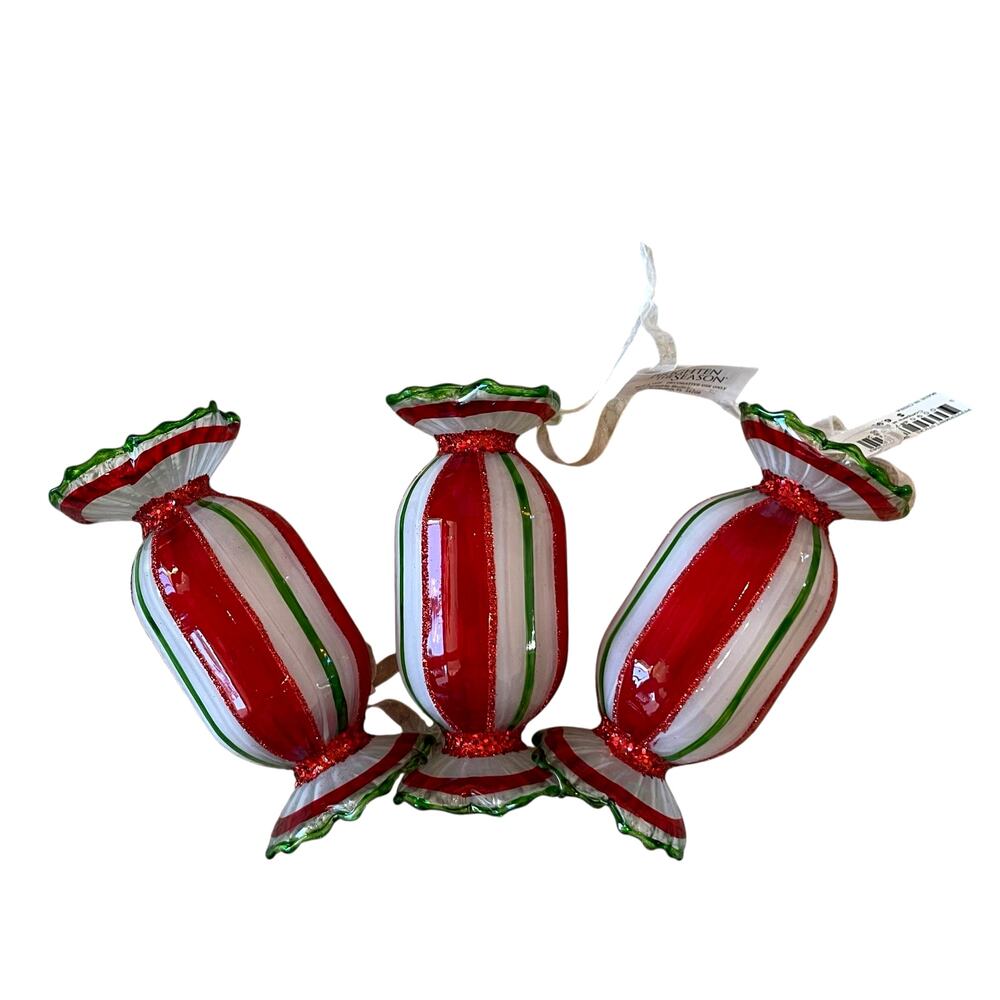Handblown Glass Peppermint Candy Hanging Ornaments Set of 3 Festive Holiday New